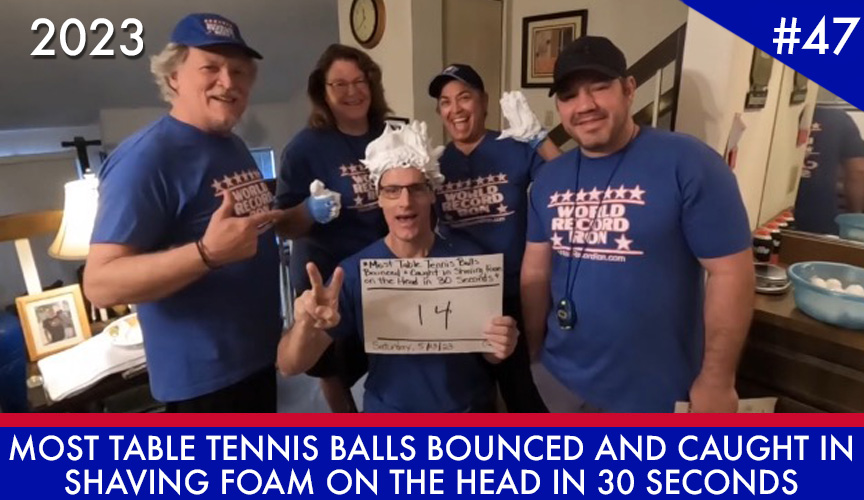 Most Table Tennis Balls Bounced and Caught in Shaving Foam on the Head in 30 Seconds